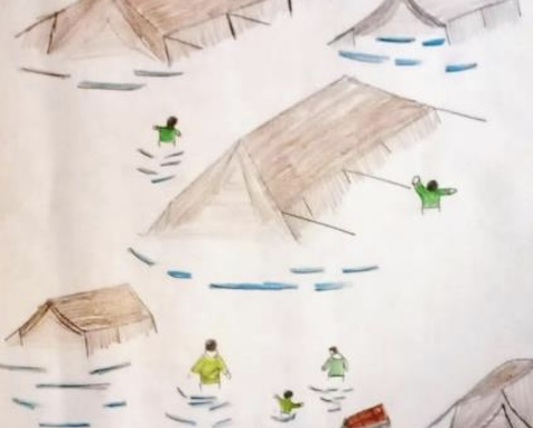 Child’s drawing, water flooding tents, Al-Mawasi, Gaza, Clean Shelter Annual Report 2024.